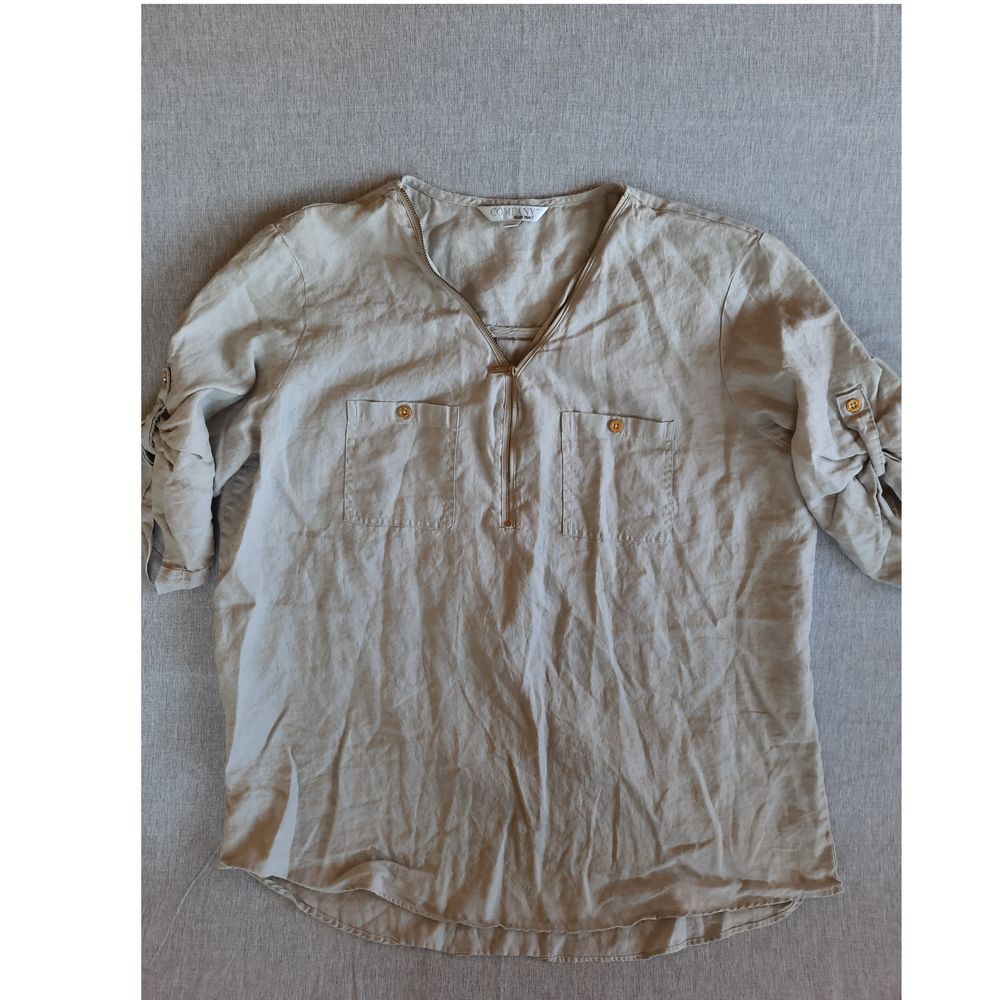 Ellen Tracy Women 2XL Brown Top Blouse Roll Tab Sleeve 1/4 Zip V-Neck Pure Linen